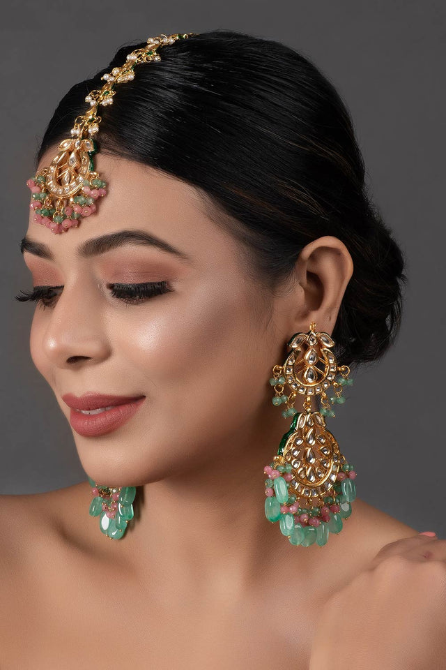 Pink Green Gold Tone Kundan Inspired Maang Tikka With Earrings (FEMMTS007)