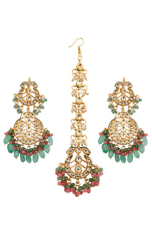 Pink Green Gold Tone Kundan Inspired Maang Tikka With Earrings (FEMMTS007)