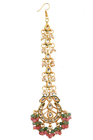 Pink Green Gold Tone Kundan Inspired Maang Tikka With Earrings (FEMMTS007)