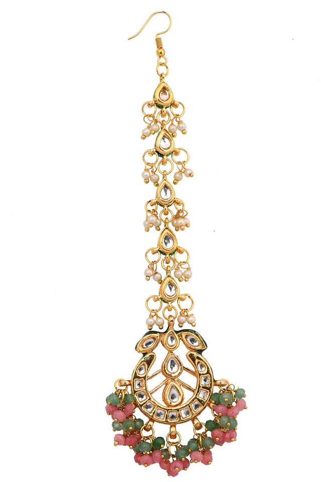 Pink Green Gold Tone Kundan Inspired Maang Tikka With Earrings (FEMMTS007)