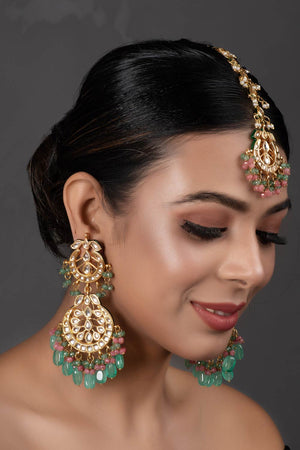 Pink Green Gold Tone Kundan Inspired Maang Tikka With Earrings (FEMMTS007)
