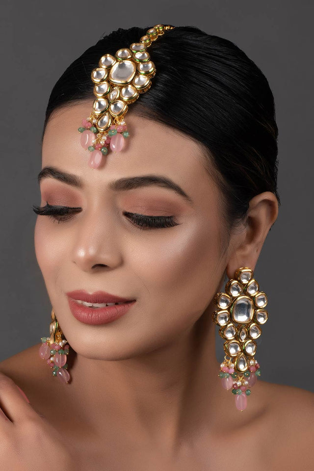 Pink Beaded Gold Tone Kundan Maang Tikka With Earrings (FEMMTS011)
