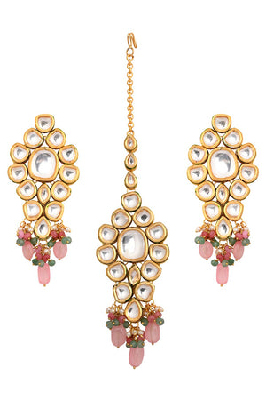 Pink Beaded Gold Tone Kundan Maang Tikka With Earrings (FEMMTS011)