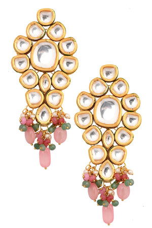 Pink Beaded Gold Tone Kundan Maang Tikka With Earrings (FEMMTS011)