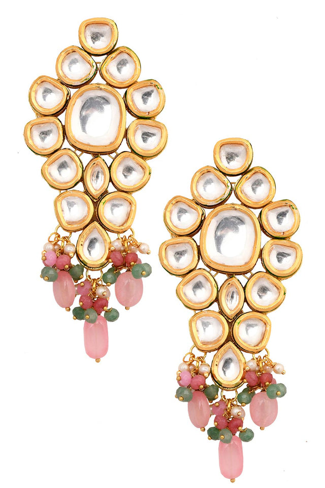 Pink Beaded Gold Tone Kundan Maang Tikka With Earrings (FEMMTS011)