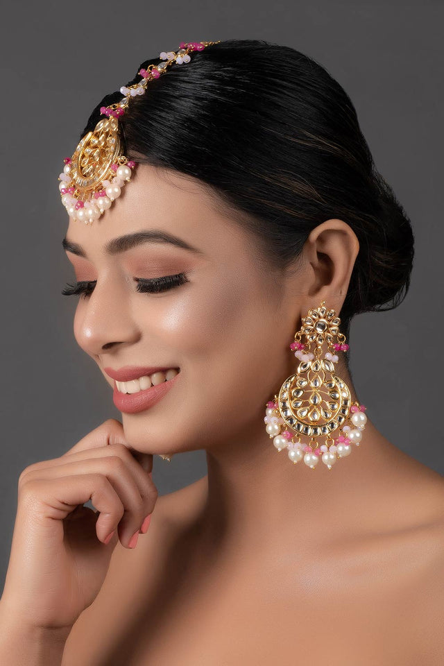Pearl & Pink Beaded Kundan Handcrafted Mang Tikka With Earrings (FEMMTS013)