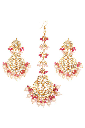 Pearl & Pink Beaded Kundan Handcrafted Mang Tikka With Earrings (FEMMTS013)