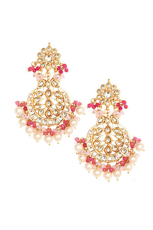 Pearl & Pink Beaded Kundan Handcrafted Mang Tikka With Earrings (FEMMTS013)