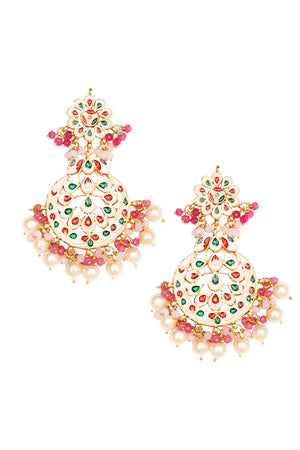 Pearl & Pink Beaded Kundan Handcrafted Mang Tikka With Earrings (FEMMTS013)