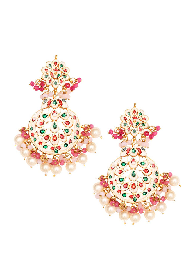 Pearl & Pink Beaded Kundan Handcrafted Mang Tikka With Earrings (FEMMTS013)