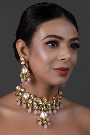 Handcrafted Kundan Pastel Beaded Necklace With Earrings (FEMNLC001)