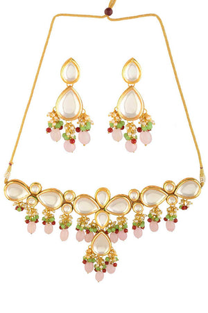 Handcrafted Kundan Pastel Beaded Necklace With Earrings (FEMNLC001)