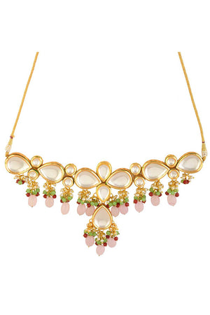 Handcrafted Kundan Pastel Beaded Necklace With Earrings (FEMNLC001)