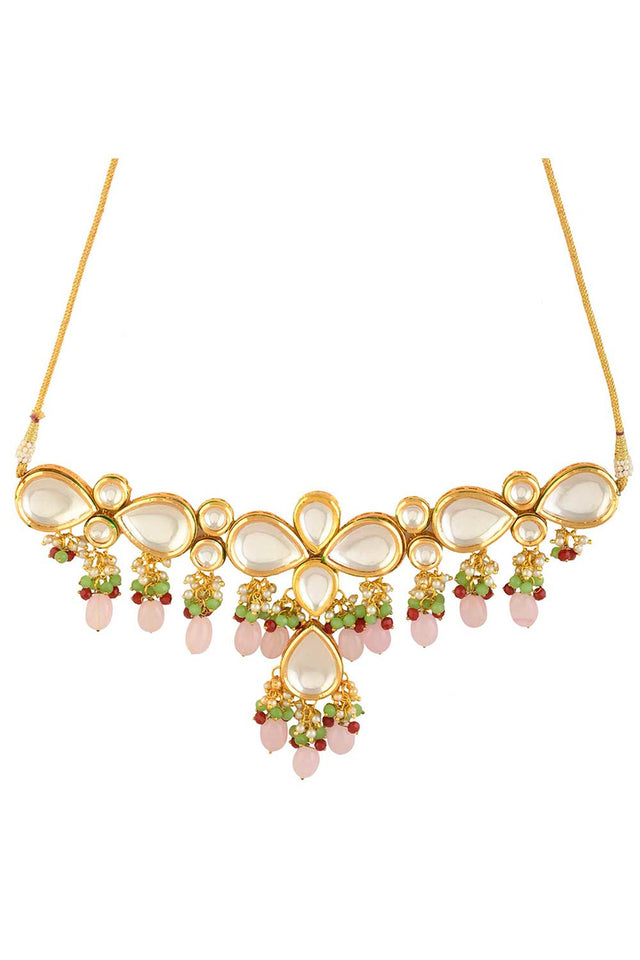 Handcrafted Kundan Pastel Beaded Necklace With Earrings (FEMNLC001)