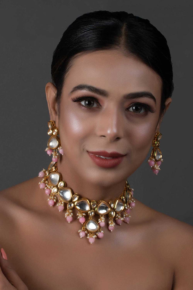 Pearl & Pink Beaded  Gold Tone Kundan Inspired Necklace With Earrings (FEMNLC002)