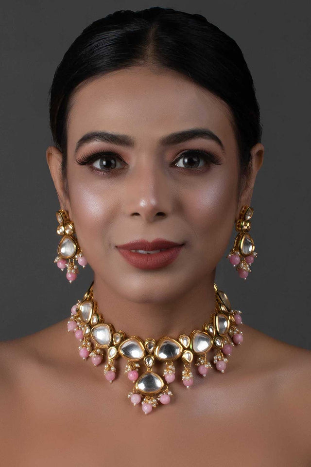 Pearl & Pink Beaded  Gold Tone Kundan Inspired Necklace With Earrings (FEMNLC002)