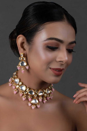 Pearl & Pink Beaded  Gold Tone Kundan Inspired Necklace With Earrings (FEMNLC002)