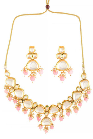 Pearl & Pink Beaded  Gold Tone Kundan Inspired Necklace With Earrings (FEMNLC002)