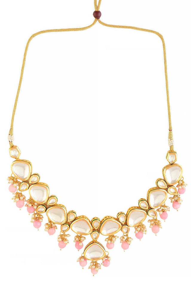 Pearl & Pink Beaded  Gold Tone Kundan Inspired Necklace With Earrings (FEMNLC002)