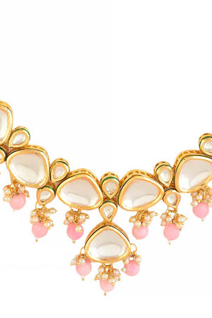 Pearl & Pink Beaded  Gold Tone Kundan Inspired Necklace With Earrings (FEMNLC002)