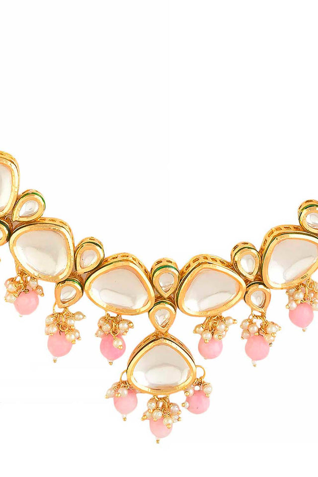 Pearl & Pink Beaded  Gold Tone Kundan Inspired Necklace With Earrings (FEMNLC002)
