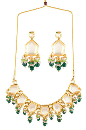 Green Gold Toned Handcrafted Kundan Necklace Set (FEMNLC003)