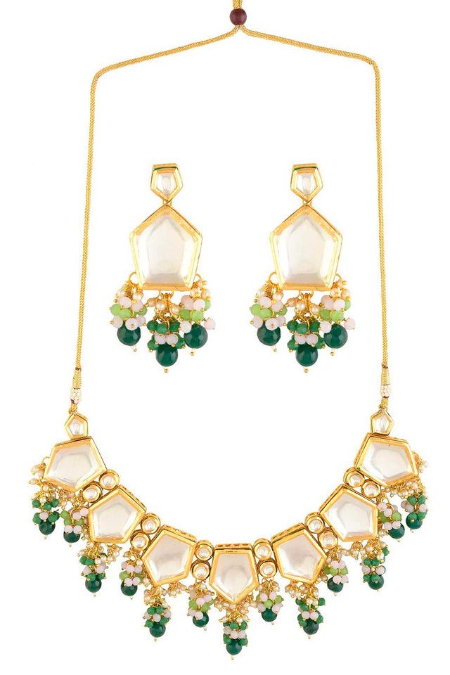 Green Gold Toned Handcrafted Kundan Necklace Set (FEMNLC003)