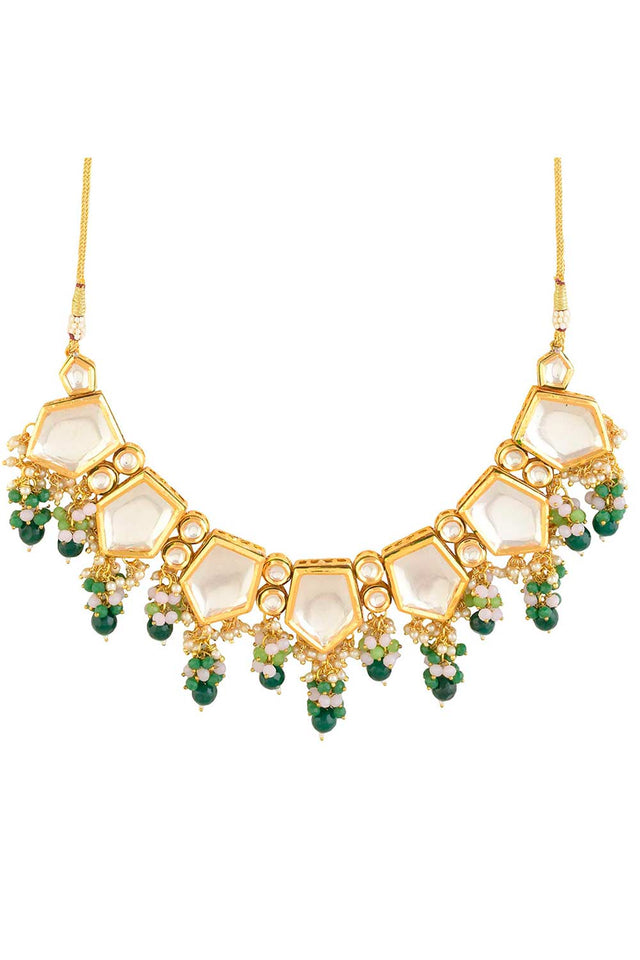 Green Gold Toned Handcrafted Kundan Necklace Set (FEMNLC003)