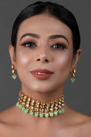 Pastel Green Gold Tone Kundan Beaded Choker Necklace With Earrings (FEMNLC004)