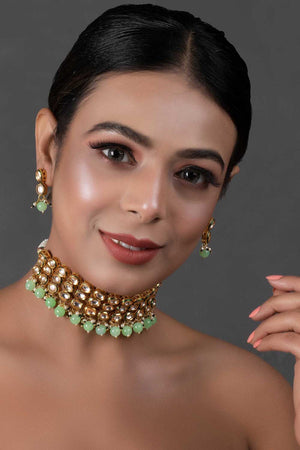 Pastel Green Gold Tone Kundan Beaded Choker Necklace With Earrings (FEMNLC004)