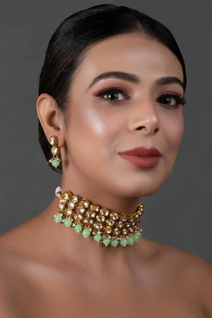 Pastel Green Gold Tone Kundan Beaded Choker Necklace With Earrings (FEMNLC004)