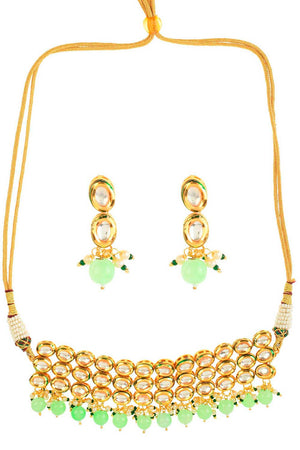 Pastel Green Gold Tone Kundan Beaded Choker Necklace With Earrings (FEMNLC004)