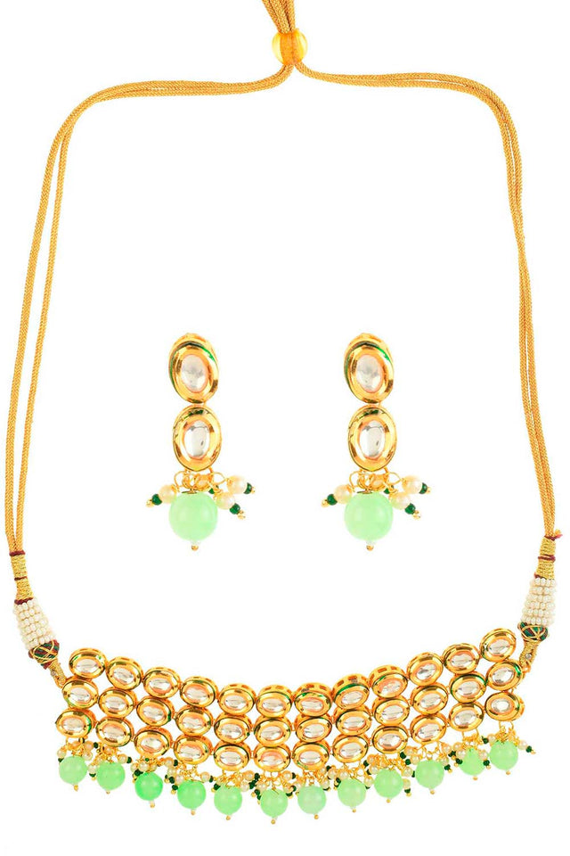 Pastel Green Gold Tone Kundan Beaded Choker Necklace With Earrings (FEMNLC004)
