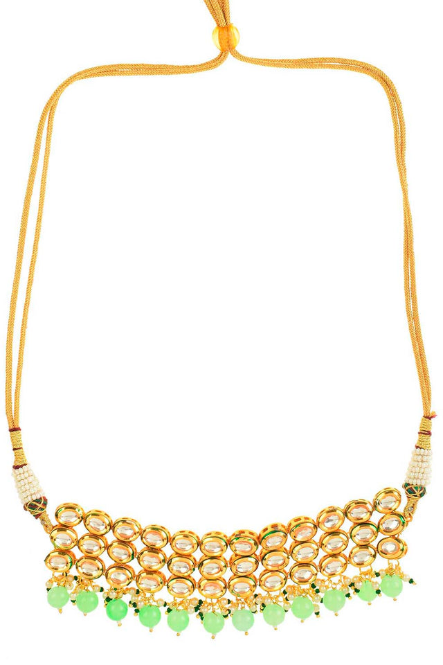 Pastel Green Gold Tone Kundan Beaded Choker Necklace With Earrings (FEMNLC004)