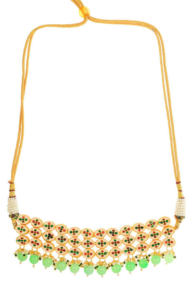 Pastel Green Gold Tone Kundan Beaded Choker Necklace With Earrings (FEMNLC004)