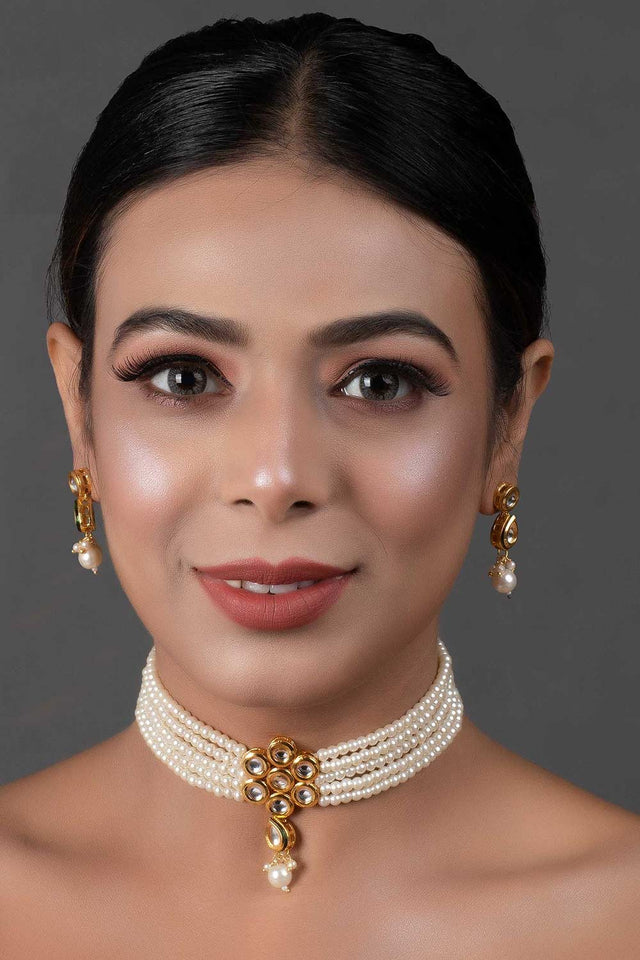 Pearl Beaded Kundan Floral Choker Necklace With Earrings (FEMNLC005)