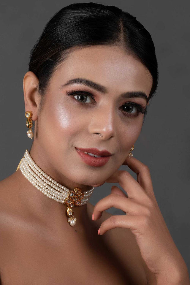 Pearl Beaded Kundan Floral Choker Necklace With Earrings (FEMNLC005)