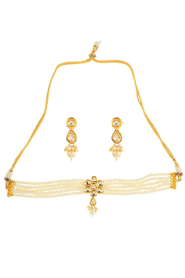 Pearl Beaded Kundan Floral Choker Necklace With Earrings (FEMNLC005)