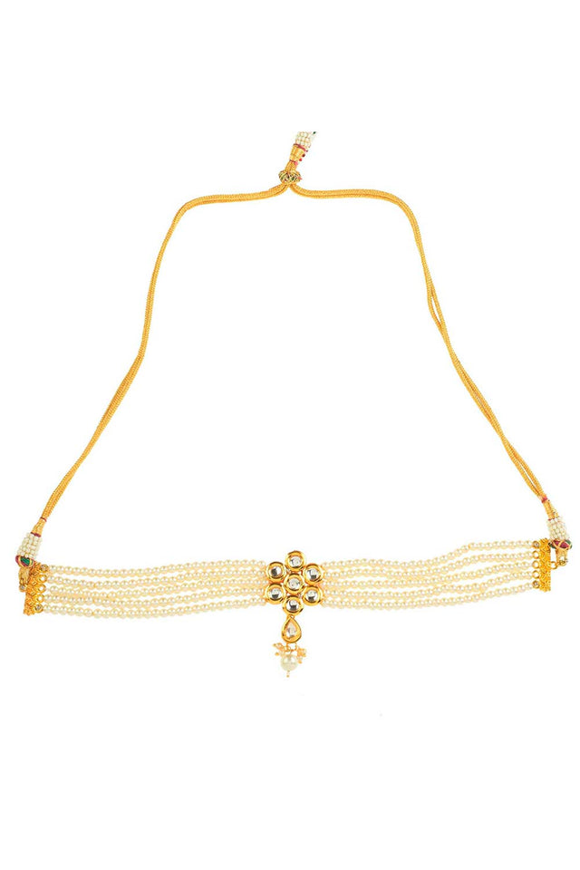 Pearl Beaded Kundan Floral Choker Necklace With Earrings (FEMNLC005)