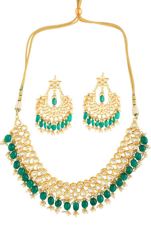 Emerald Beaded Gold Toned Kundan Embellished Necklace With Chandbali (FEMNLC007)