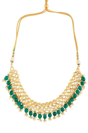 Emerald Beaded Gold Toned Kundan Embellished Necklace With Chandbali (FEMNLC007)