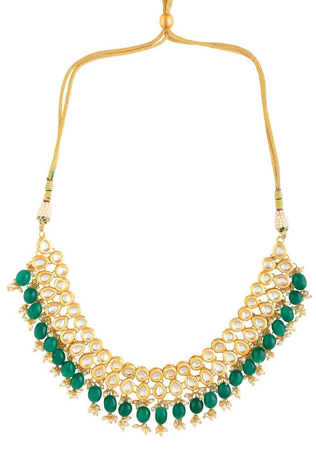 Emerald Beaded Gold Toned Kundan Embellished Necklace With Chandbali (FEMNLC007)