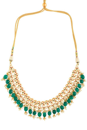 Emerald Beaded Gold Toned Kundan Embellished Necklace With Chandbali (FEMNLC007)