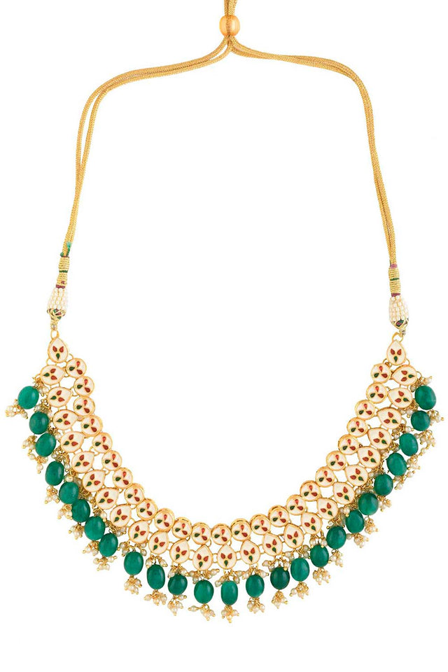 Emerald Beaded Gold Toned Kundan Embellished Necklace With Chandbali (FEMNLC007)