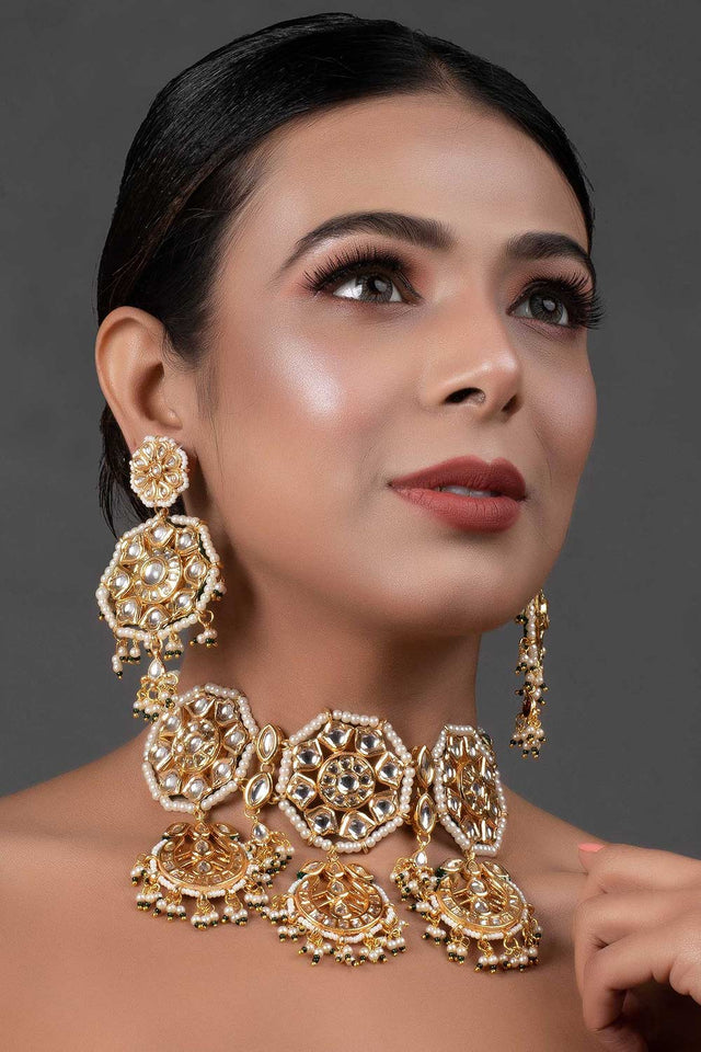 Kundan Inspired Pearl Necklace With Earrings (FEMNLC008)