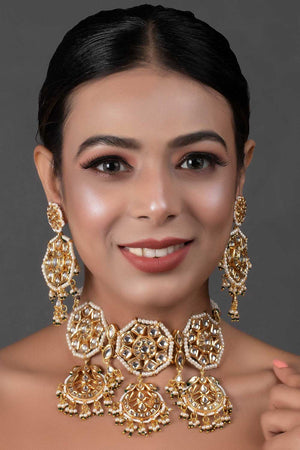 Kundan Inspired Pearl Necklace With Earrings (FEMNLC008)