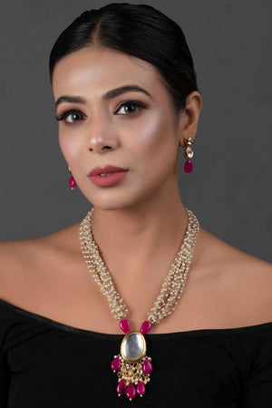 Ruby Beaded Kundan Necklace With Earrings (FEMNLC009)