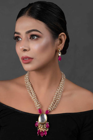Ruby Beaded Kundan Necklace With Earrings (FEMNLC009)