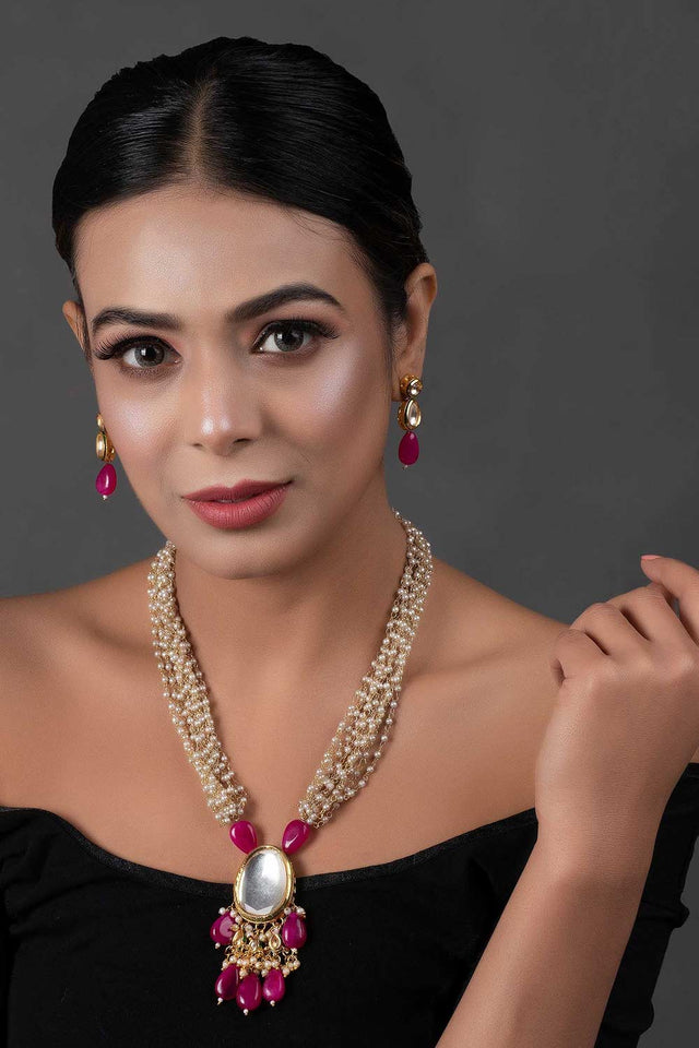 Ruby Beaded Kundan Necklace With Earrings (FEMNLC009)