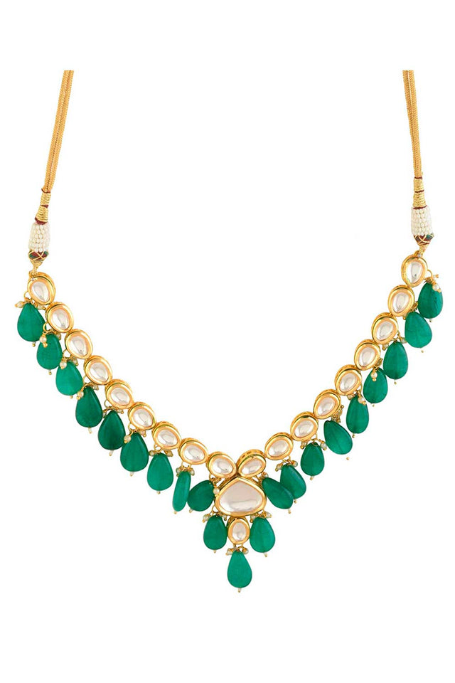 Emerald Beaded Gold Toned Kundan Inspired Necklace With Earrings (FEMNLC010)